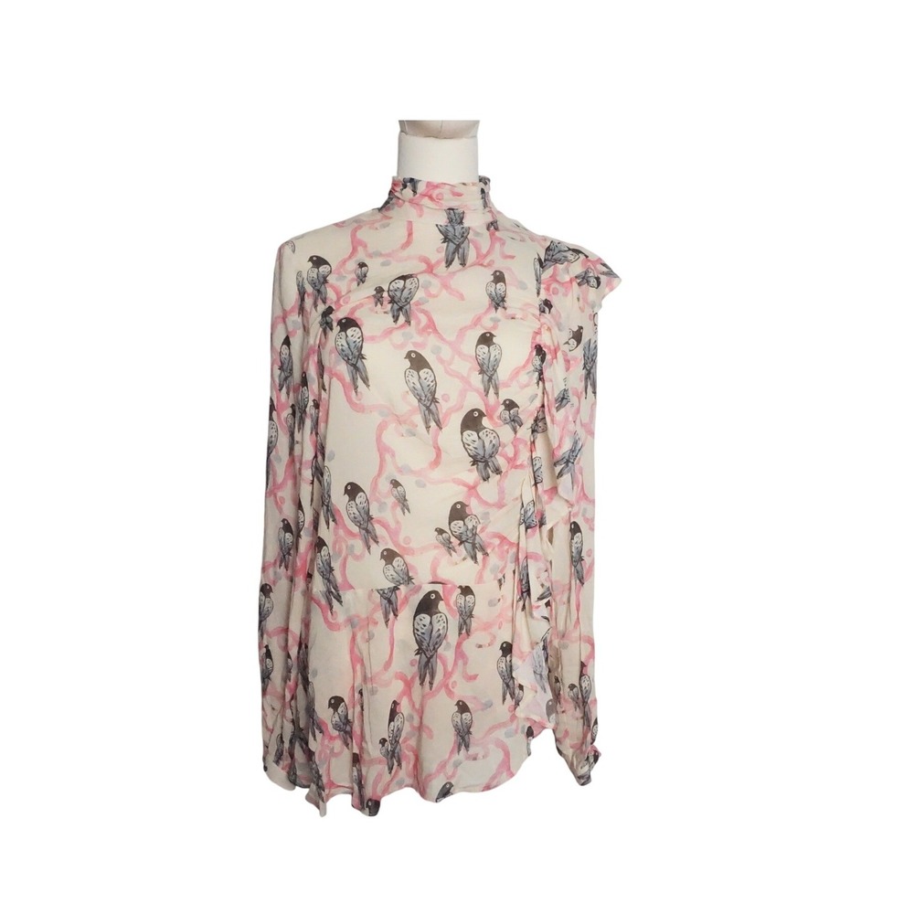 H&M Bird Print Ruffle High Neck BlousePink Long Sleeve